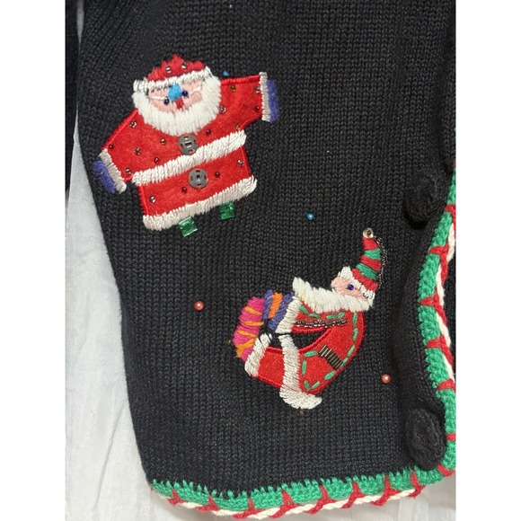 VTG Christmas Cardigan Women M Santa Embroidered Beaded Knit Holiday sweater - Picture 4 of 15